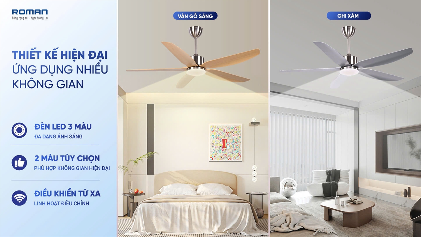 Quạt trần đèn mạ Niken cánh màu vân gỗ Roman HFC56C1/NG 24W